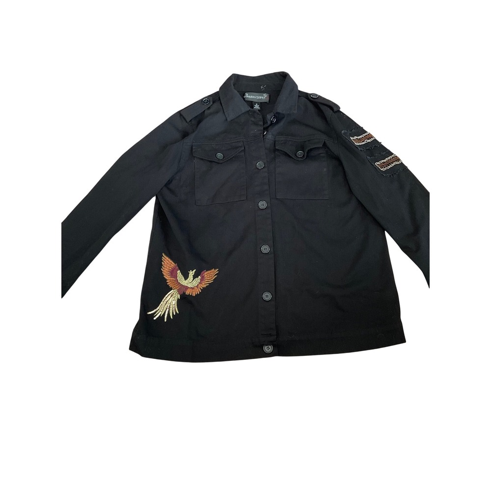 Colleen Lopez Black Phoenix Embroidered Utility Jacket Sequin Military Shacket M